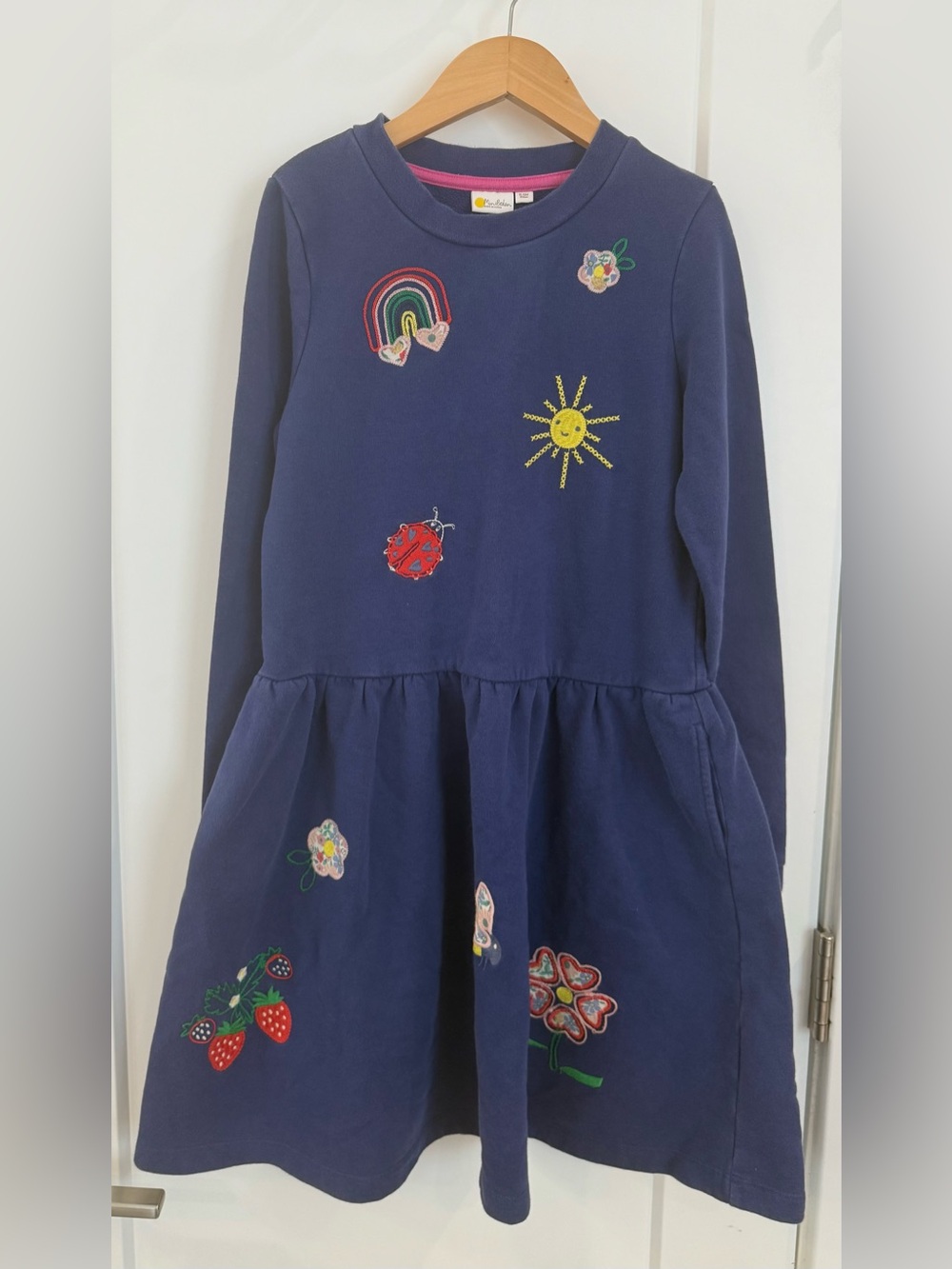 Mini Boden Embroidered Patch Dress - Youth Size 11/12 - Navy Sweatshirt Fabric
